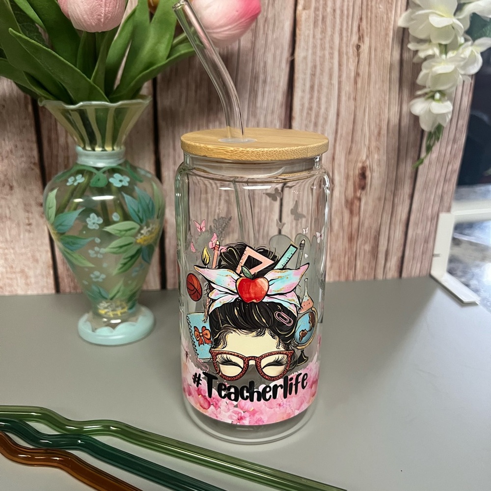 Teacher Life Glass Tumbler with Glss Straw